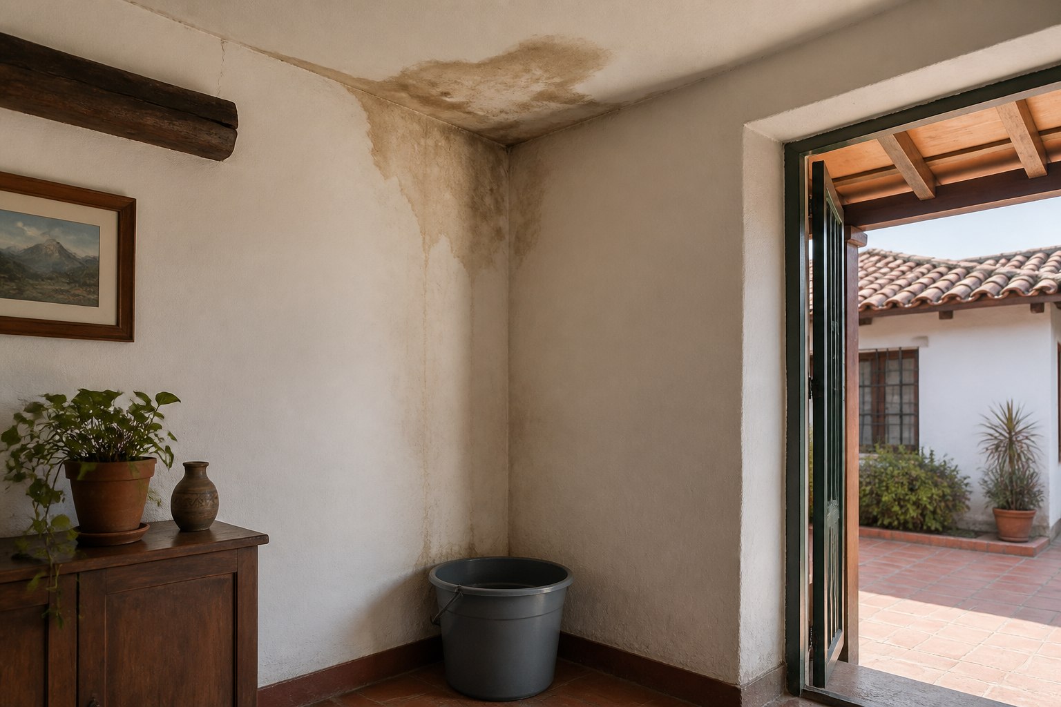 Humedad en techo de vivienda antes de reparar una filtración