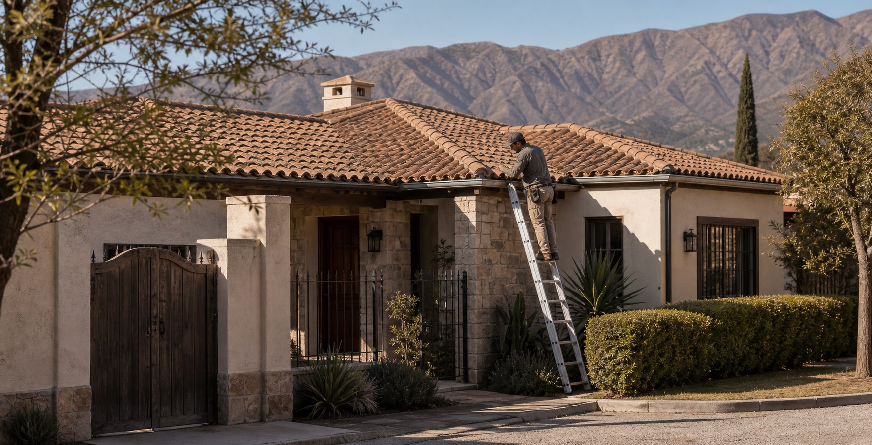 Técnico revisando techo de teja en vivienda residencial